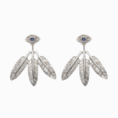 Náušnice oko s pírky bílé zlato safíry 01