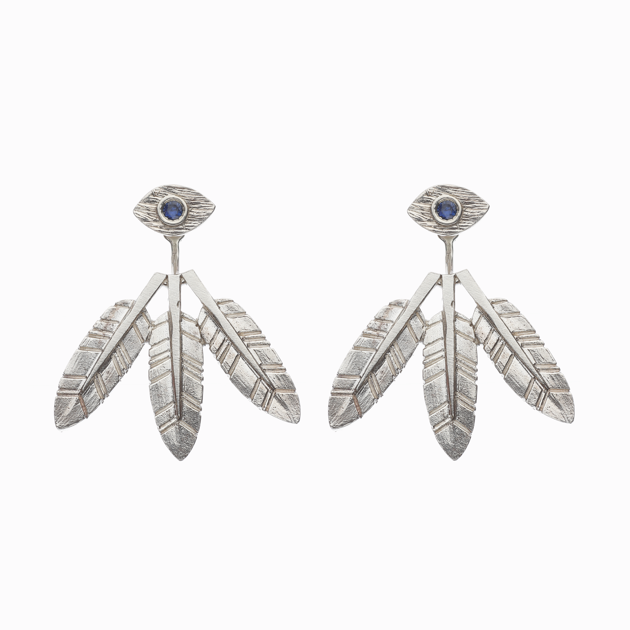 Náušnice oko s pírky bílé zlato safíry 01