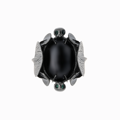 prsten šiška stříbro ruthenium onyx smaragdy 01